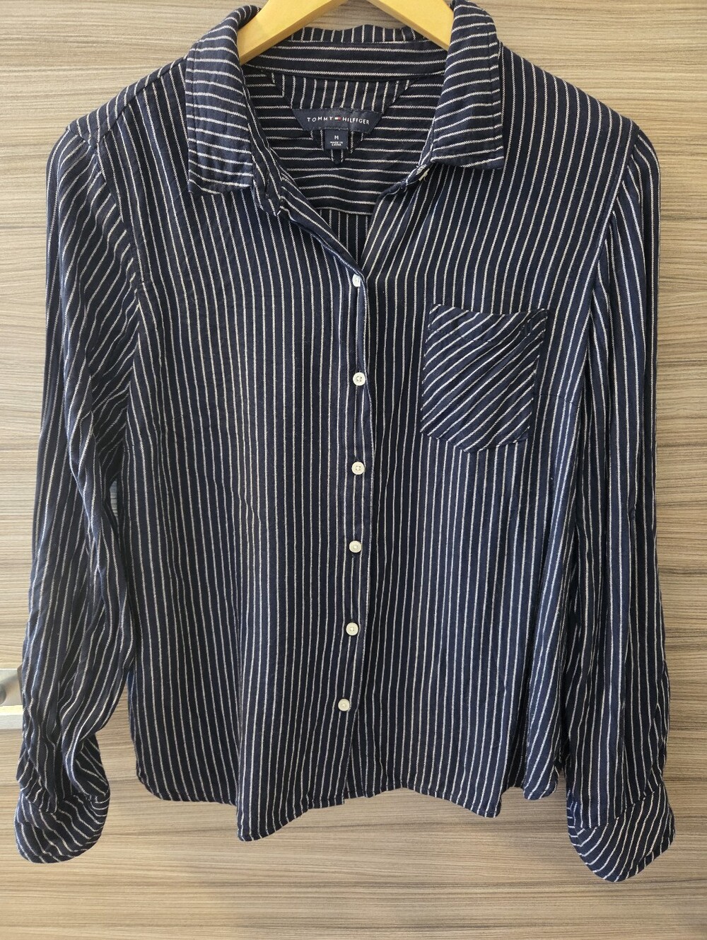 Tommy Hilfiger Striped Rayon Button Down Blouse Shirt Navy Blue White